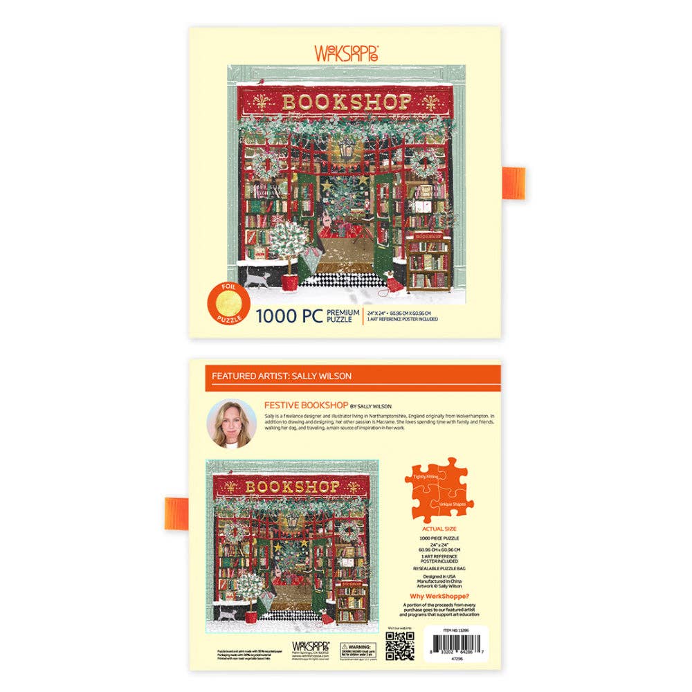 WerkShoppe 1000pc - Gold Foil Festive Bookshop - Slip Box Puzzle