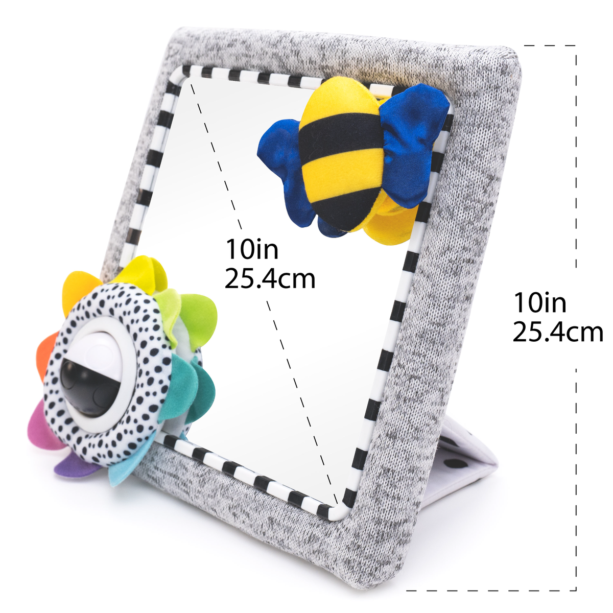 Baby tummy time activity mirror measuring 25.4 cm high, with grey fabric frame, black and white striped border, plush bee and colourful sensory flower.