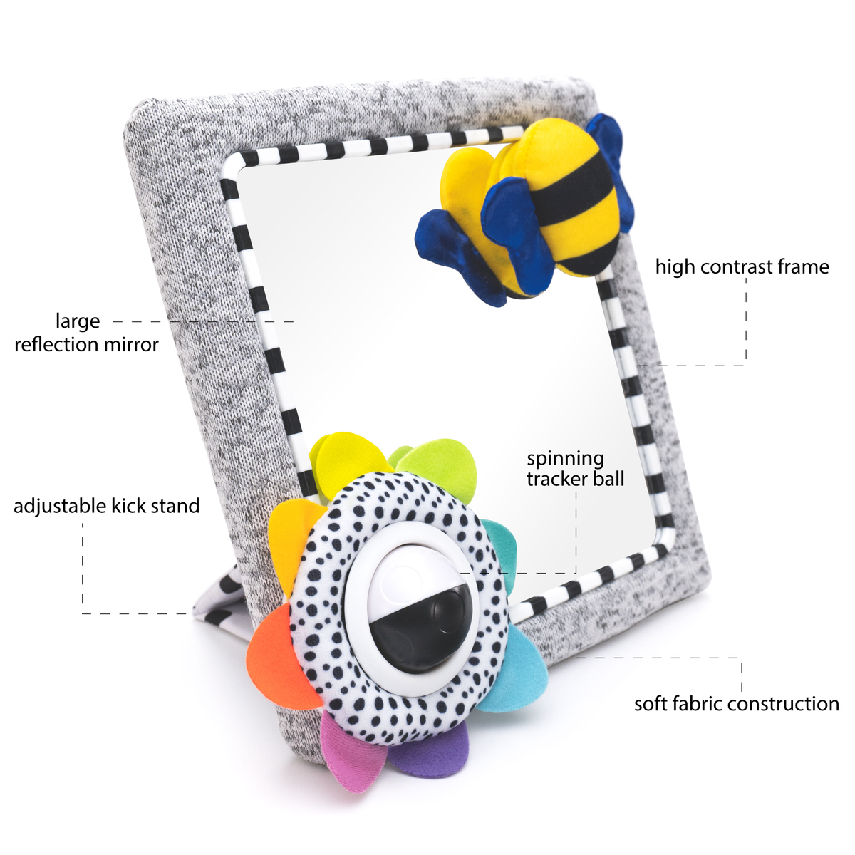 Baby tummy time activity mirror with labelled features including large reflection mirror, high contrast frame, spinning tracker ball, adjustable kickstand and soft fabric construction.