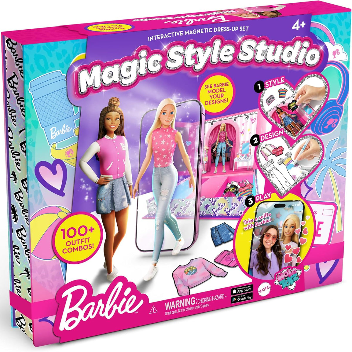 Barbie Magic Style Studio interactive magnetic dress-up set in its retail box, featuring colorful packaging with Barbie character illustrations and product components shown on the front.
