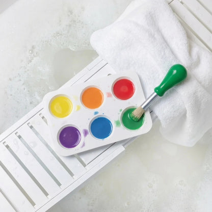 Close-up of a single paint pot, sized for small hands to hold and dip into unaided