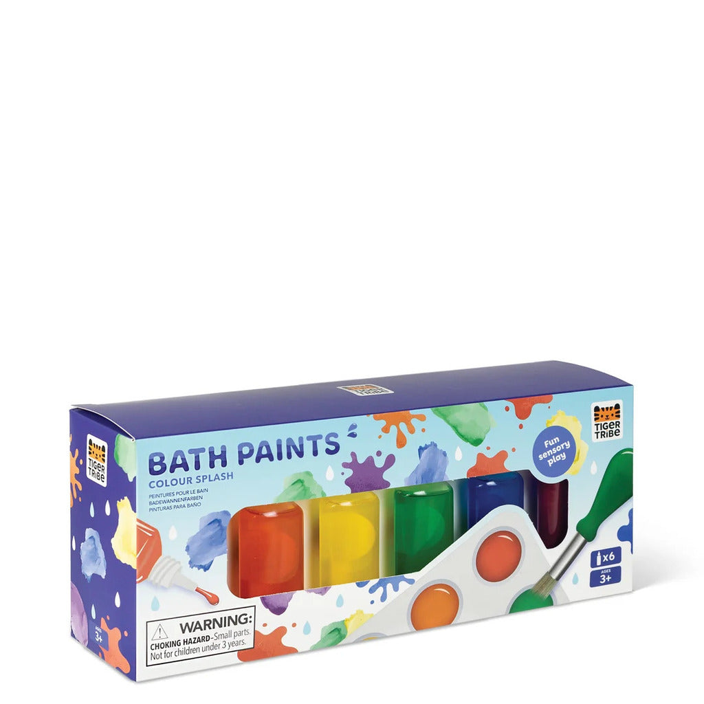 Bath paints shown in their packaging with washable formula and age suitability labelling
