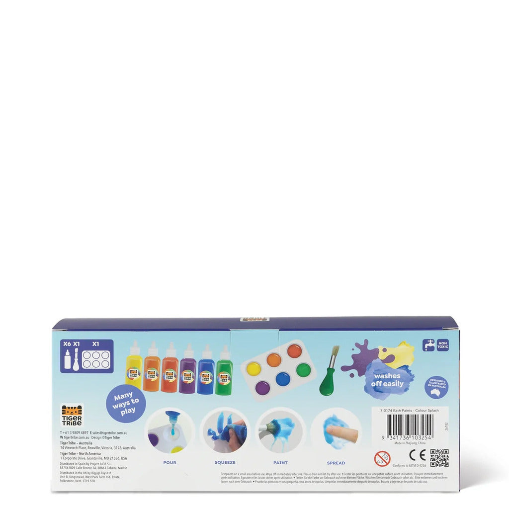 Child painting the side of the bath with bright washable colour during bath time, ready to rinse off