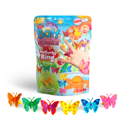 Zimpli Kids Baff Bombz Butterfly Ring Surprise 7321 fizzing bath bomb with hidden collectible butterfly ring