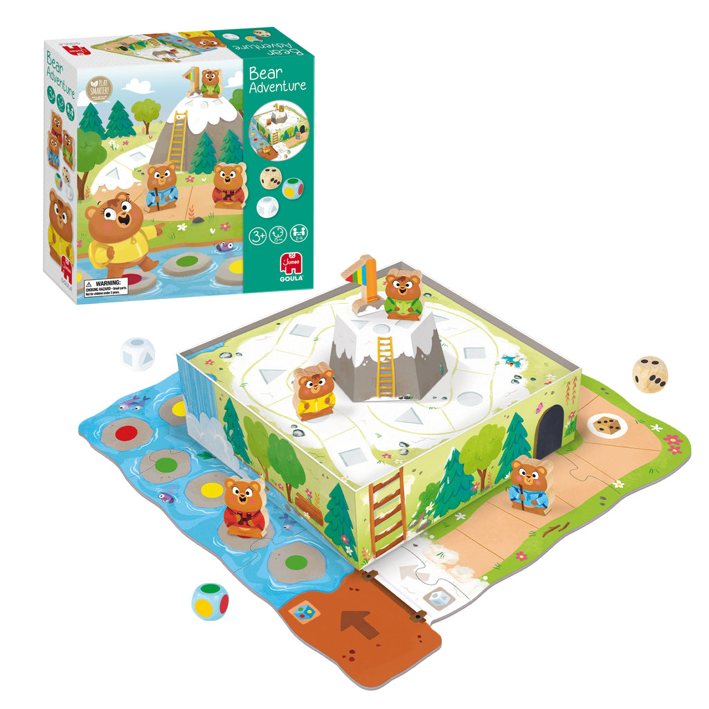 Four wooden bear figures and the summit flag from the Goula Bear Adventure board game
