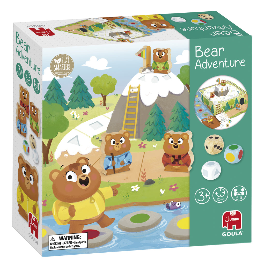 Goula Bear Adventure board game with its 3D mountain assembled, four bears and summit flag