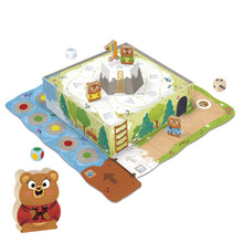 Assembled three-dimensional mountain board from the Goula Bear Adventure game seen from the side