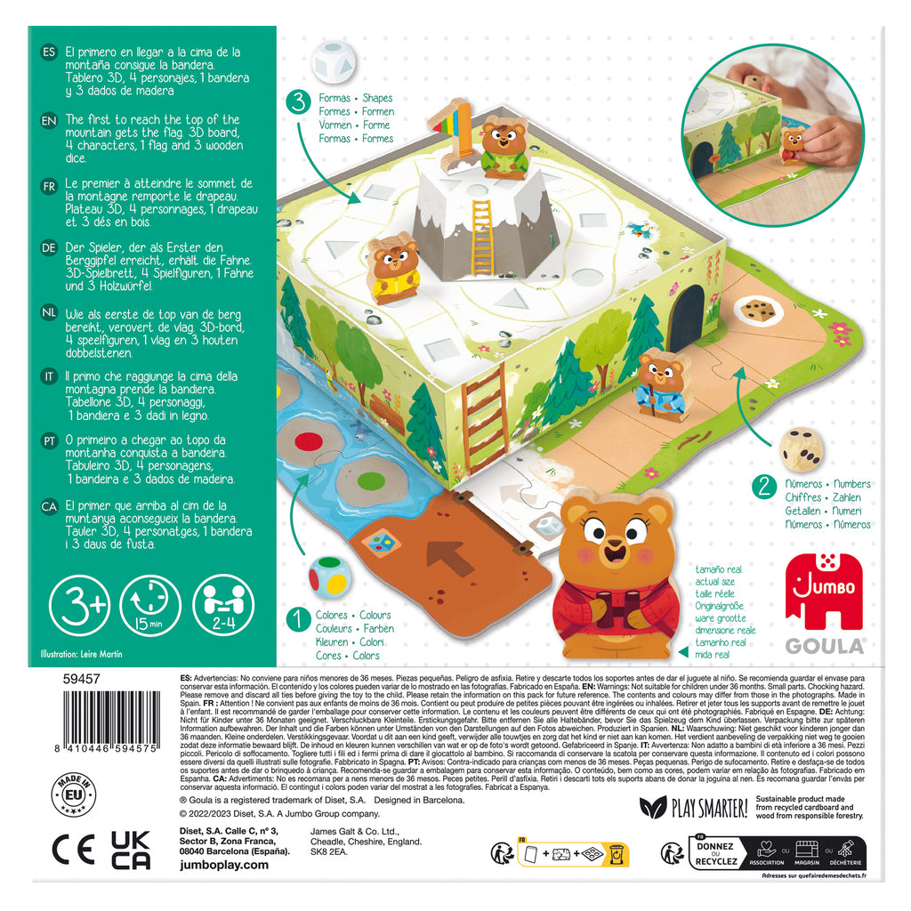 Child moving a wooden bear up the mountain section of the Goula Bear Adventure game