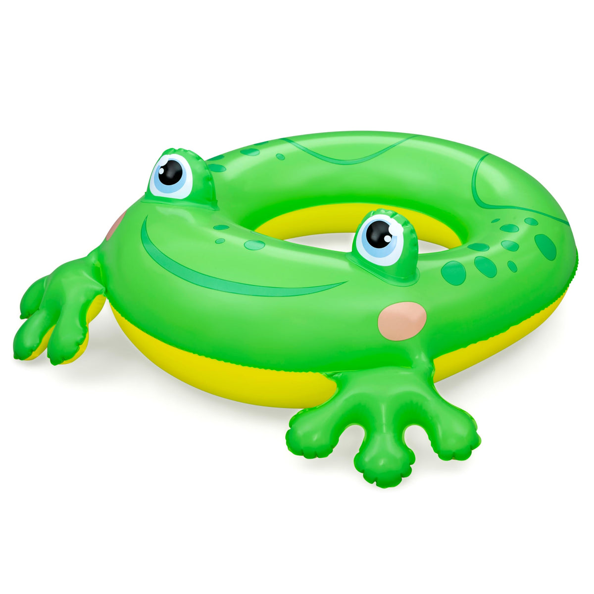 Bestway Lil' Pal Frog Swim Tube 36464, green inflatable children's swim ring with cartoon frog eyes, smiling face, yellow underside and webbed feet.