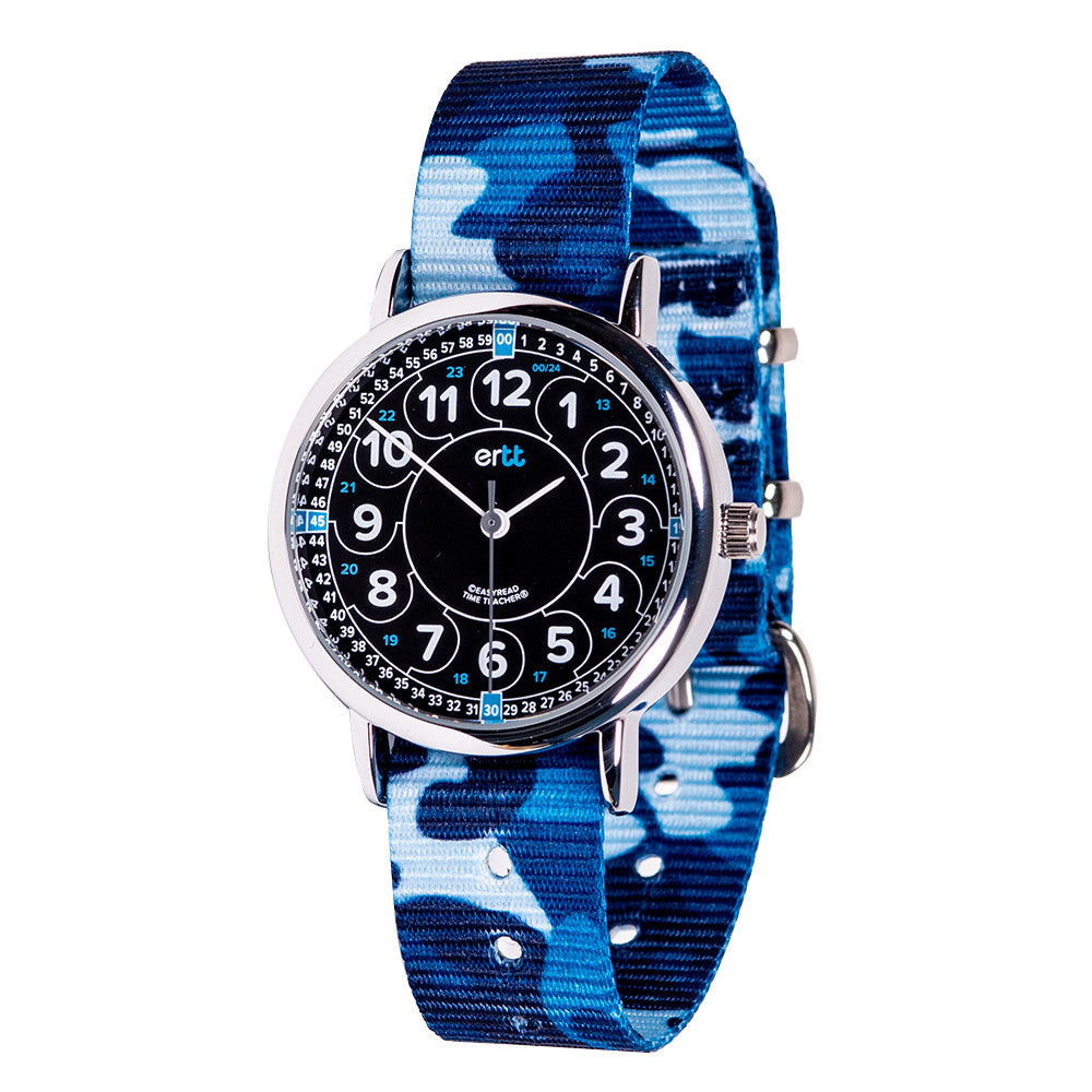 EasyRead 12/24 Hour Time Teacher Watch - Blue Camo Strap with Black Face
