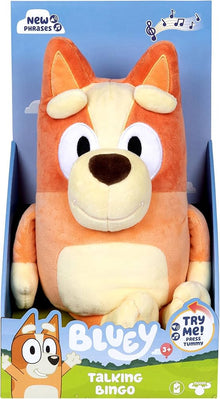 Bluey® Talking Bingo Plush interactive soft toy featuring sound phrases activated by pressing Bingo's tummy