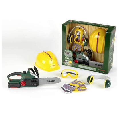 Bosch Mini Chainsaw with Helmet and Accessories Set pretend play toy with packaging