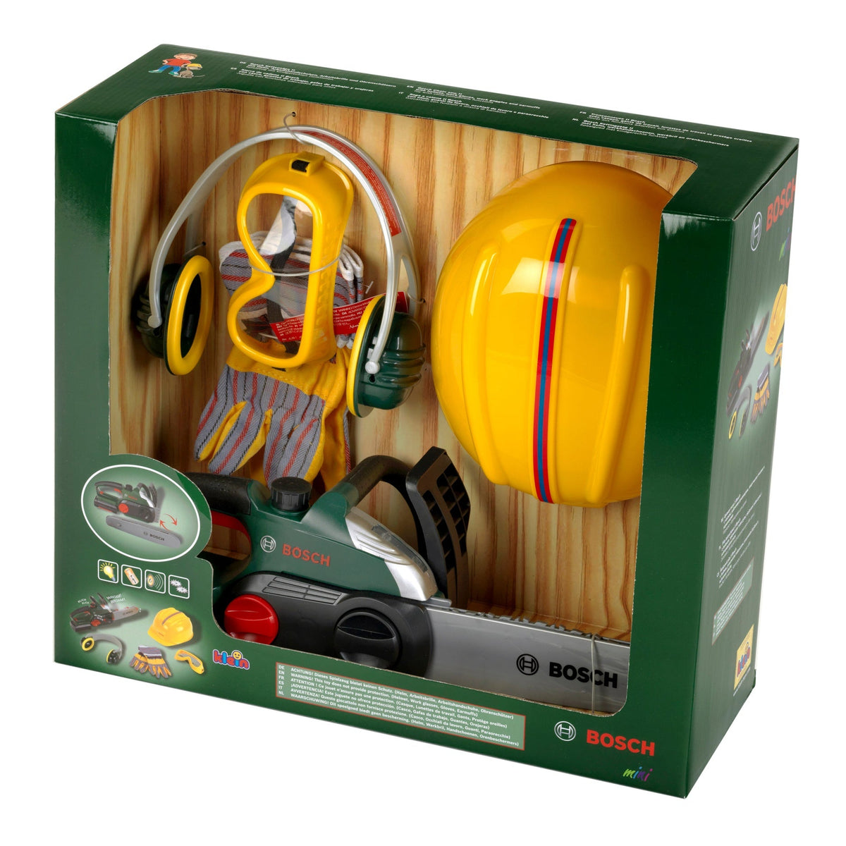 Bosch Mini Chainsaw pretend play set with helmet goggles gloves and ear defenders