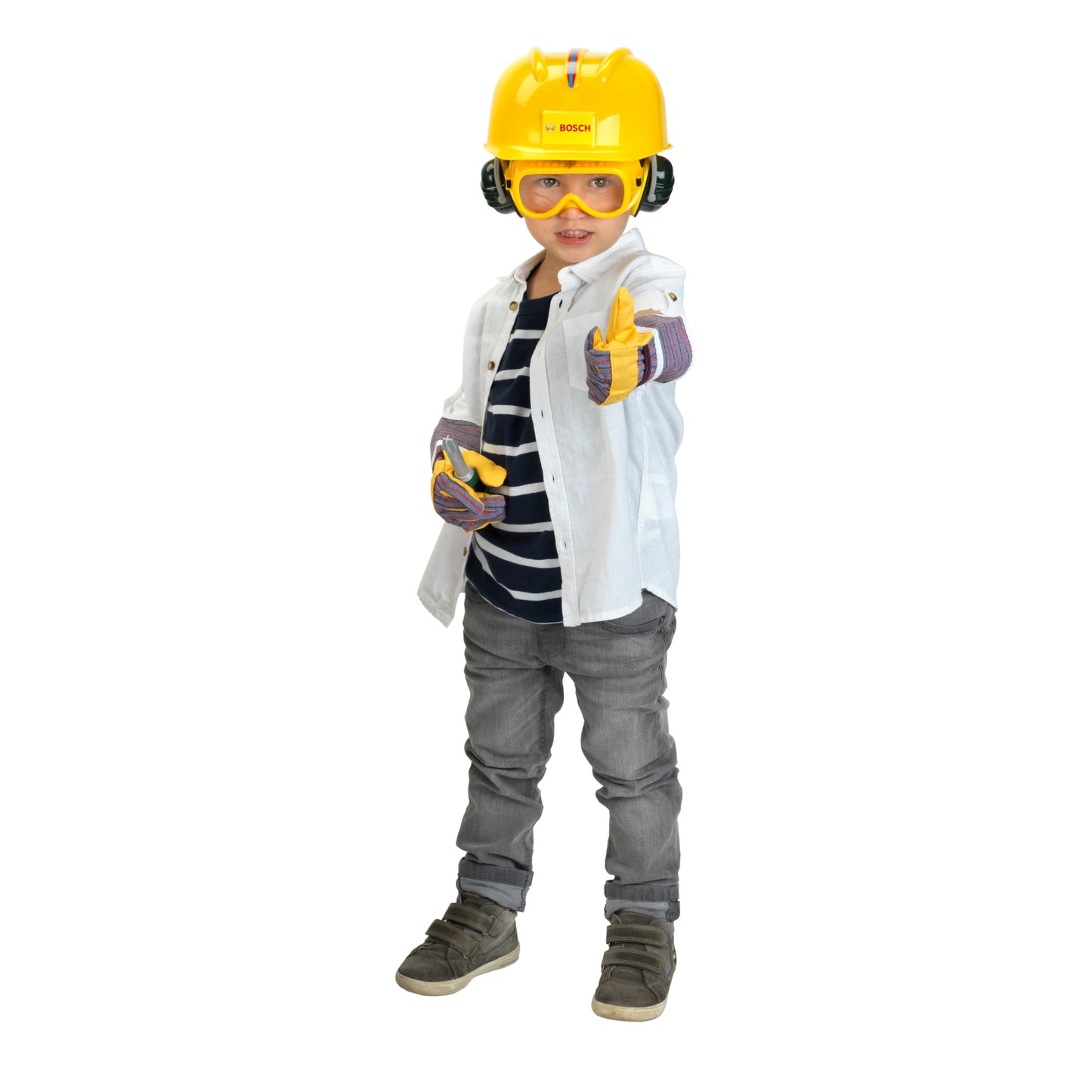 Boy wearing Bosch Mini Chainsaw with Helmet and Accessories Set pretend play toy