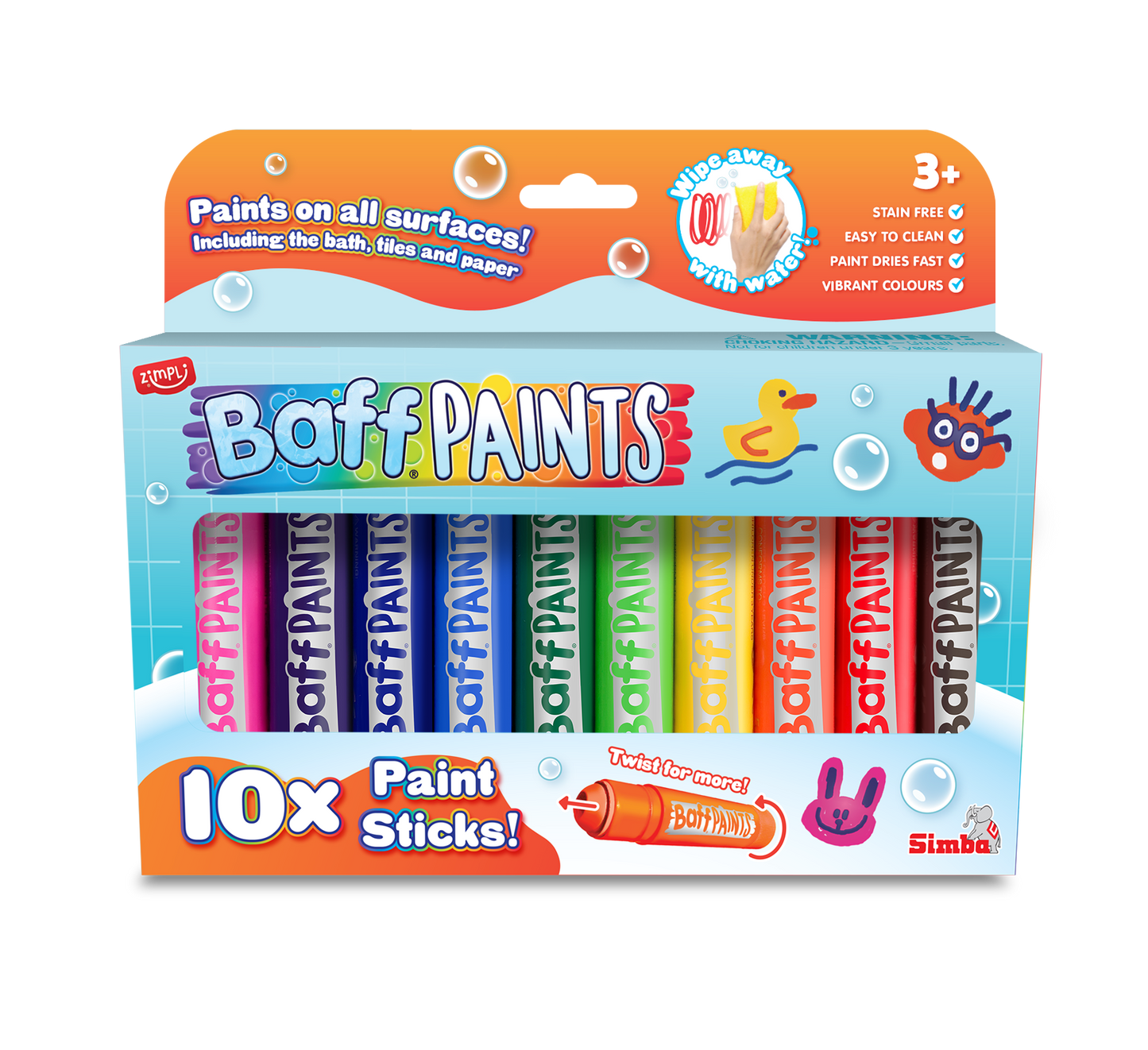 Zimpli Kids Baff Paints Pack of 10 | Bath Paint Sticks for Kids | Washable & Skin Safe