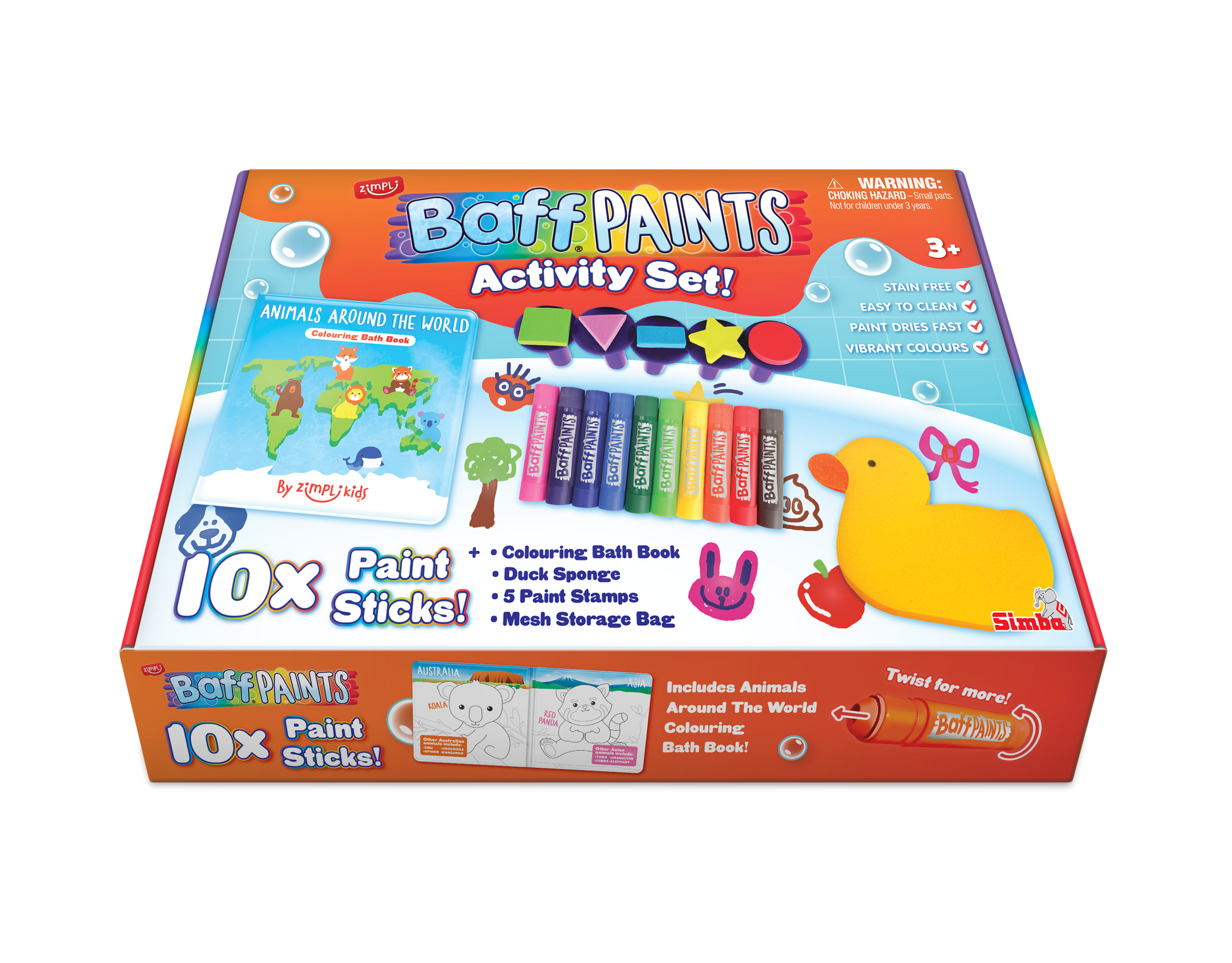 Zimpli Kids Baff Paints Activity Set 7248 with bath paint sticks, colouring book, paint stamps, duck sponge and storage bag
