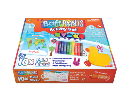 Zimpli Kids Baff Paints Activity Set 7248 with bath paint sticks, colouring book, paint stamps, duck sponge and storage bag