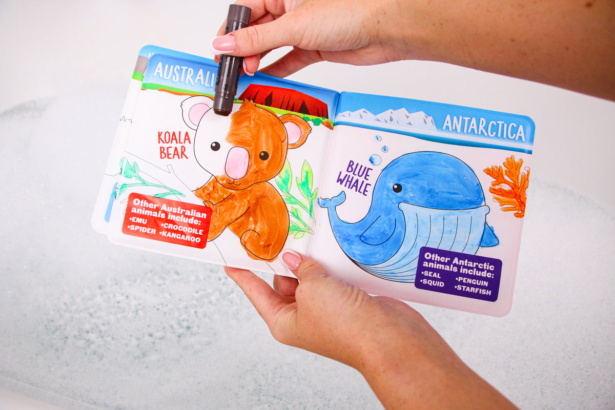 Zimpli Kids Baff Paints Activity Set 7248 with bath paint sticks, colouring book, paint stamps, duck sponge and storage bag