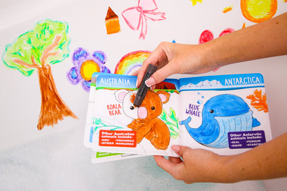 Zimpli Kids Baff Paints Activity Set 7248 with bath paint sticks, colouring book, paint stamps, duck sponge and storage bag