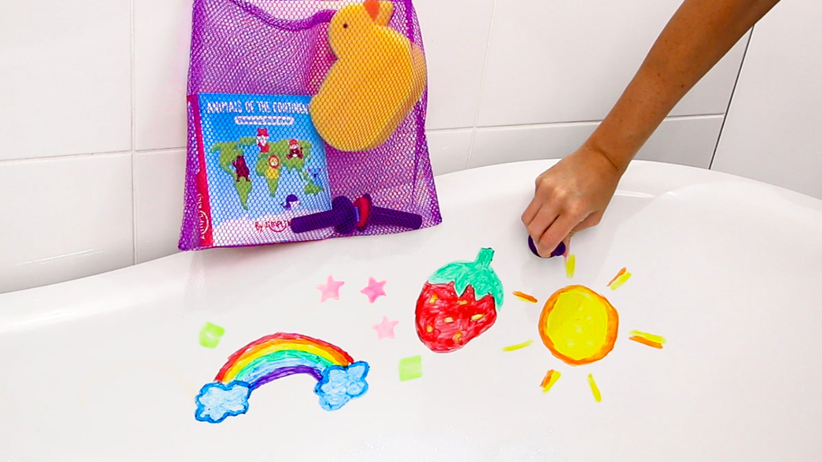 Zimpli Kids Baff Paints Activity Set 7248 with bath paint sticks, colouring book, paint stamps, duck sponge and storage bag