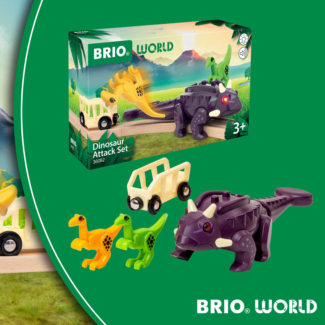 BRIO World Dinosaur Attack Set featuring light and sound Ankylosaurus, two Velociraptors and cargo wagon