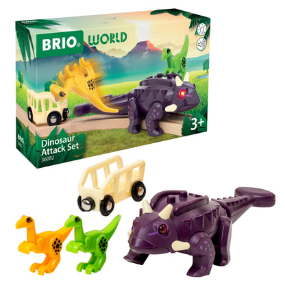 BRIO World Dinosaur Attack Set featuring light and sound Ankylosaurus, two Velociraptors and cargo wagon