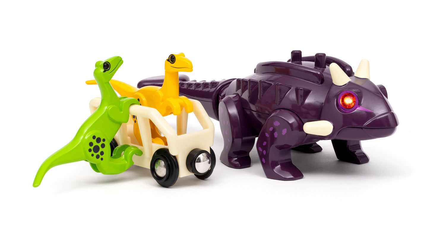 BRIO World Dinosaur Attack Set featuring light and sound Ankylosaurus, two Velociraptors and cargo wagon