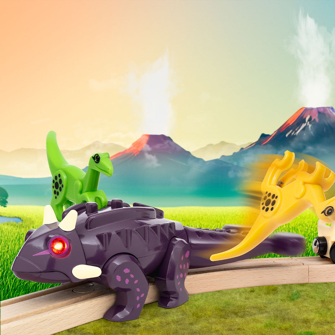 BRIO World Dinosaur Attack Set featuring light and sound Ankylosaurus, two Velociraptors and cargo wagon