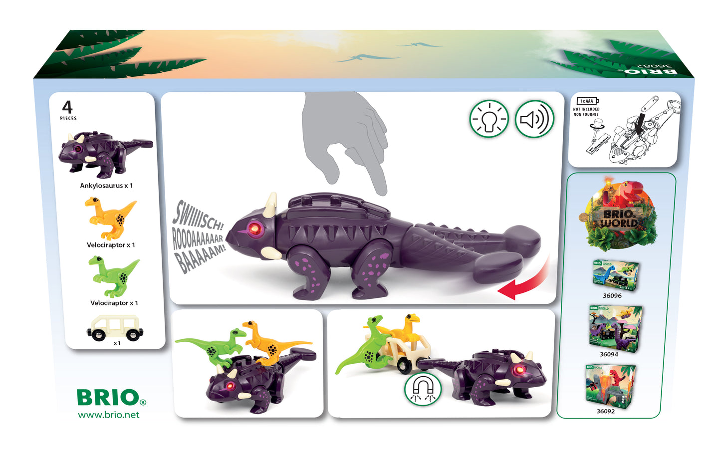 BRIO World Dinosaur Attack Set featuring light and sound Ankylosaurus, two Velociraptors and cargo wagon
