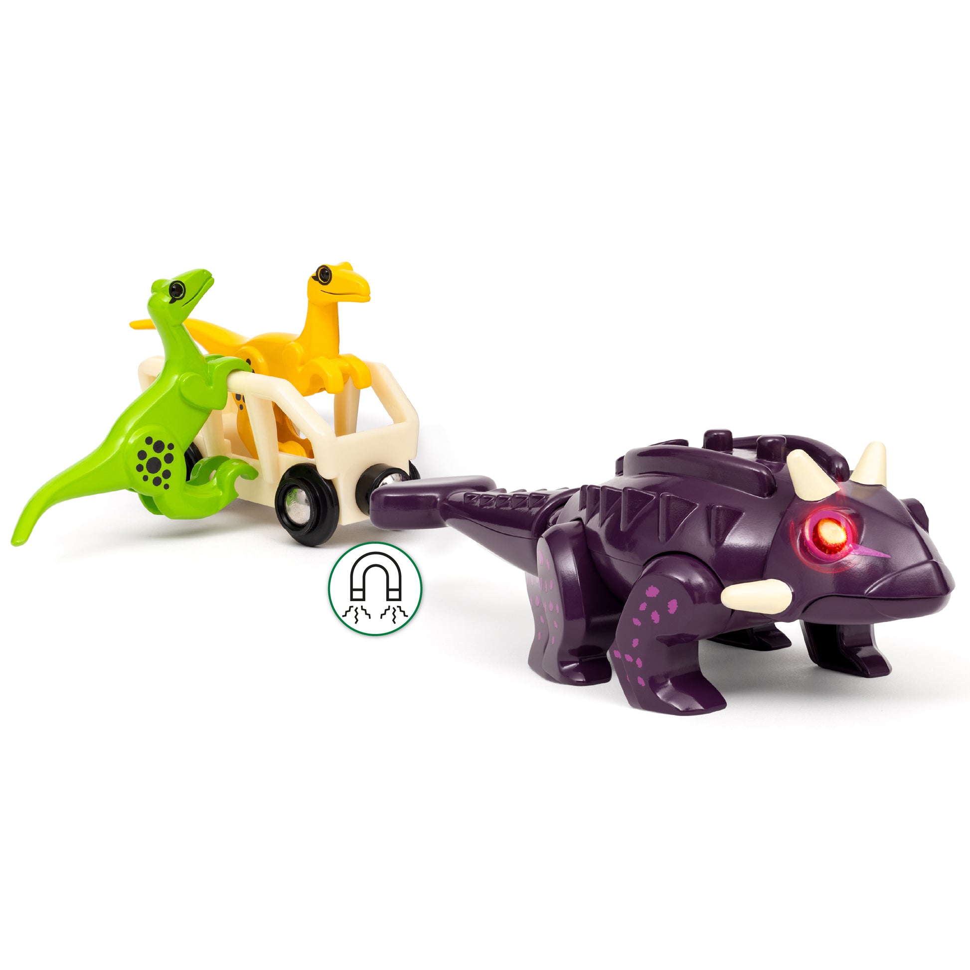 BRIO World Dinosaur Attack Set featuring light and sound Ankylosaurus, two Velociraptors and cargo wagon
