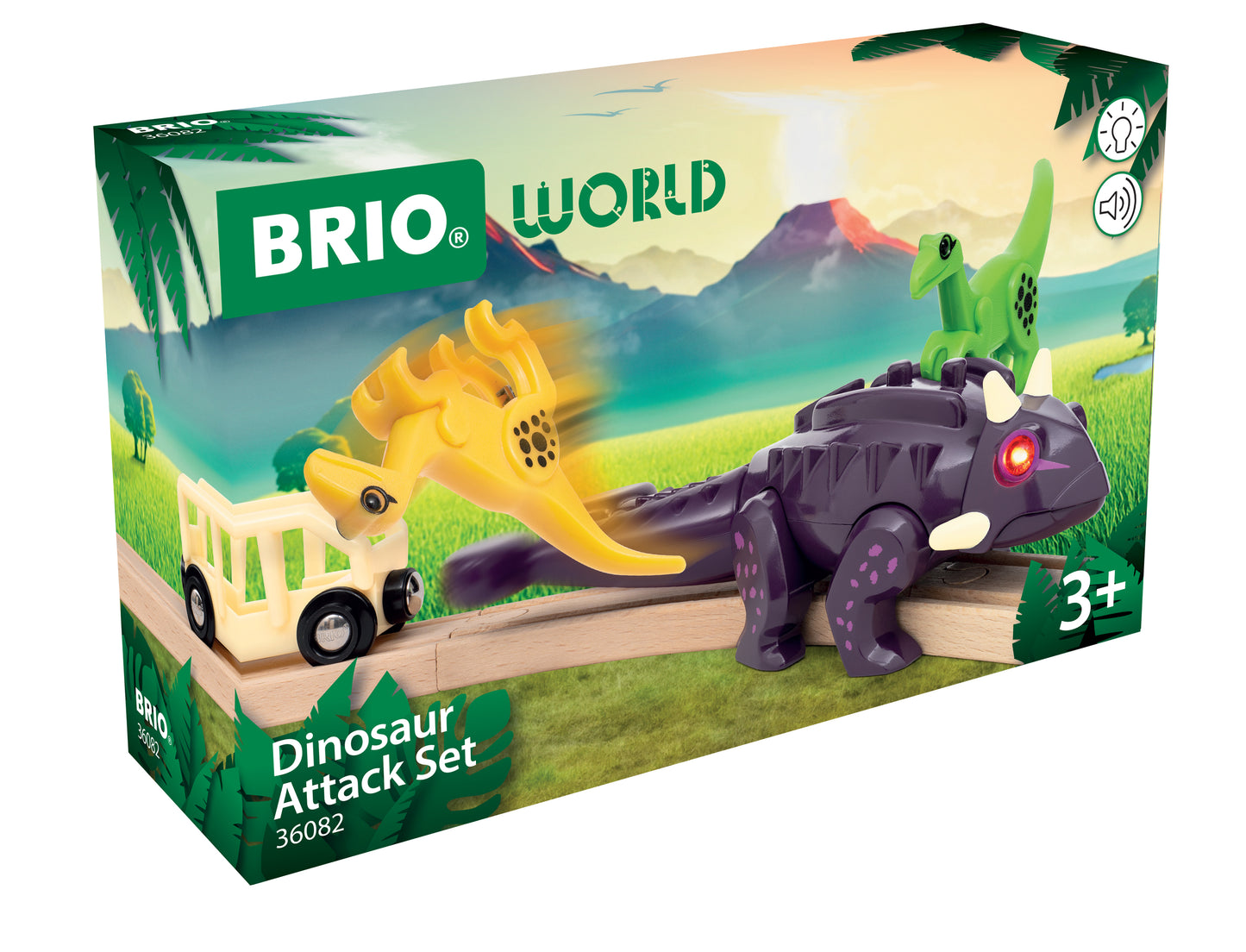 BRIO World Dinosaur Attack Set featuring light and sound Ankylosaurus, two Velociraptors and cargo wagon
