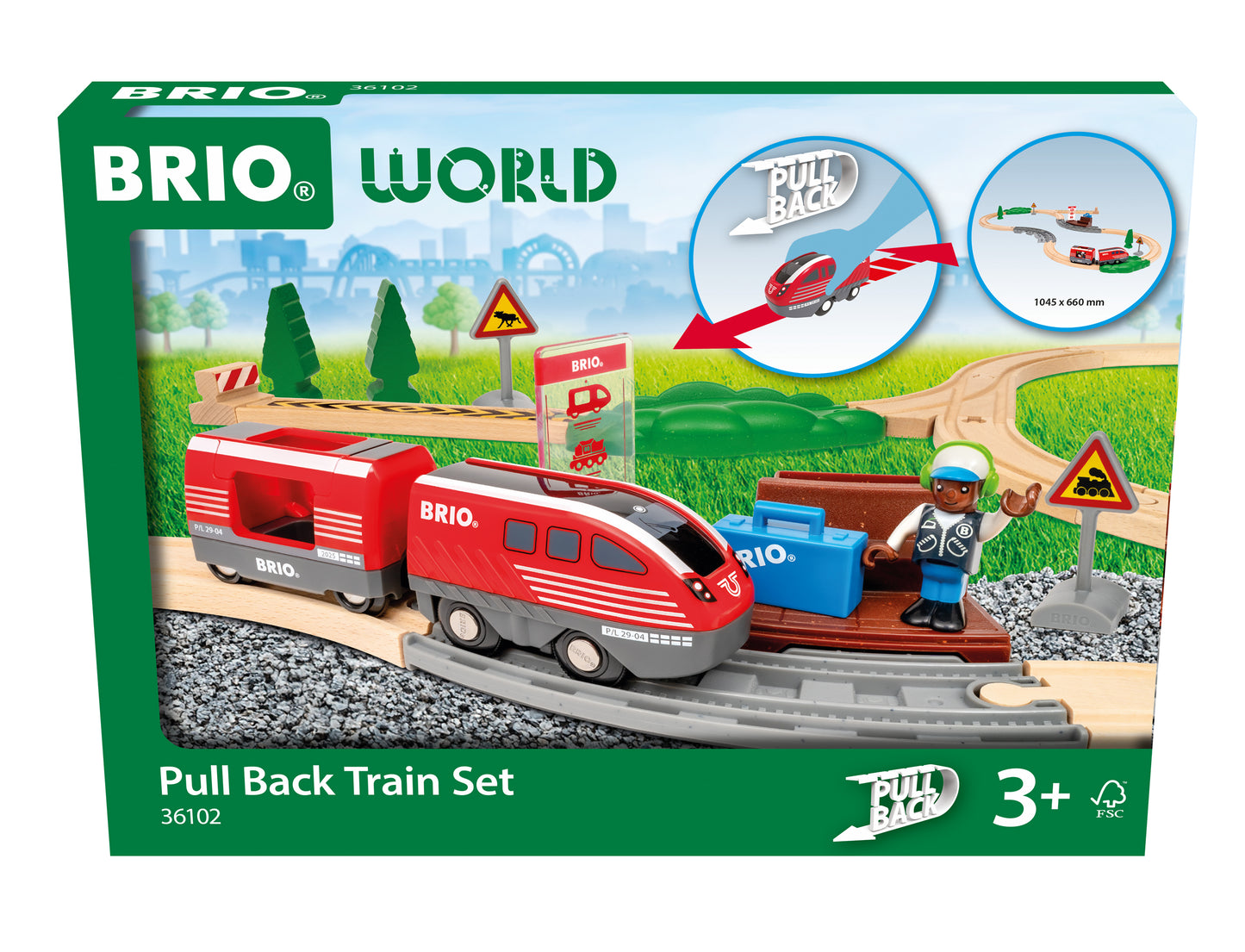 BRIO World Pull Back Train Set 28-piece wooden railway with battery-free pull back locomotive, passenger wagon and station platform