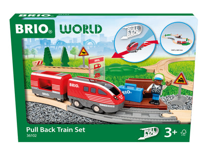 BRIO World Pull Back Train Set 28-piece wooden railway with battery-free pull back locomotive, passenger wagon and station platform
