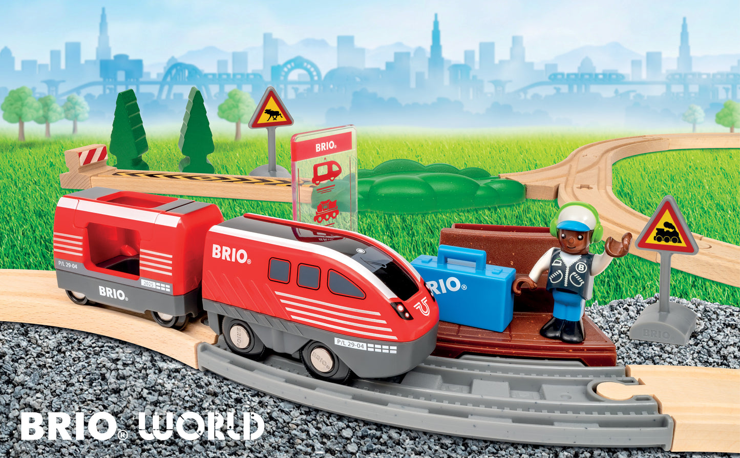 BRIO World Pull Back Train Set 28-piece wooden railway with battery-free pull back locomotive, passenger wagon and station platform