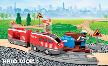 BRIO World Pull Back Train Set 28-piece wooden railway with battery-free pull back locomotive, passenger wagon and station platform