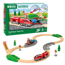BRIO World Pull Back Train Set 28-piece wooden railway with battery-free pull back locomotive, passenger wagon and station platform