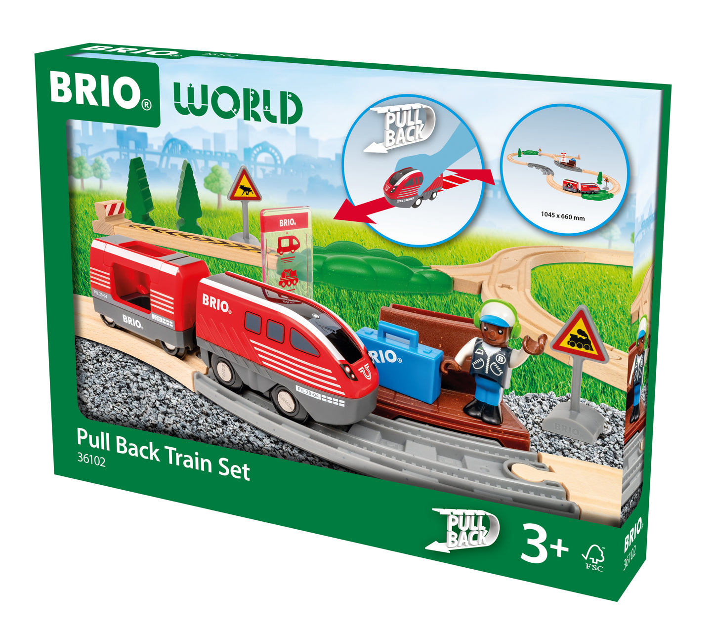 BRIO World Pull Back Train Set 28-piece wooden railway with battery-free pull back locomotive, passenger wagon and station platform