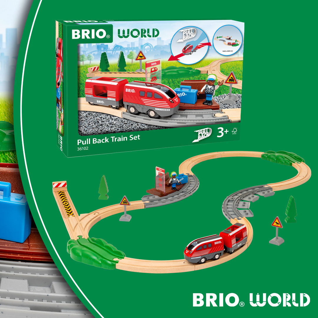 BRIO World Pull Back Train Set 28-piece wooden railway with battery-free pull back locomotive, passenger wagon and station platform