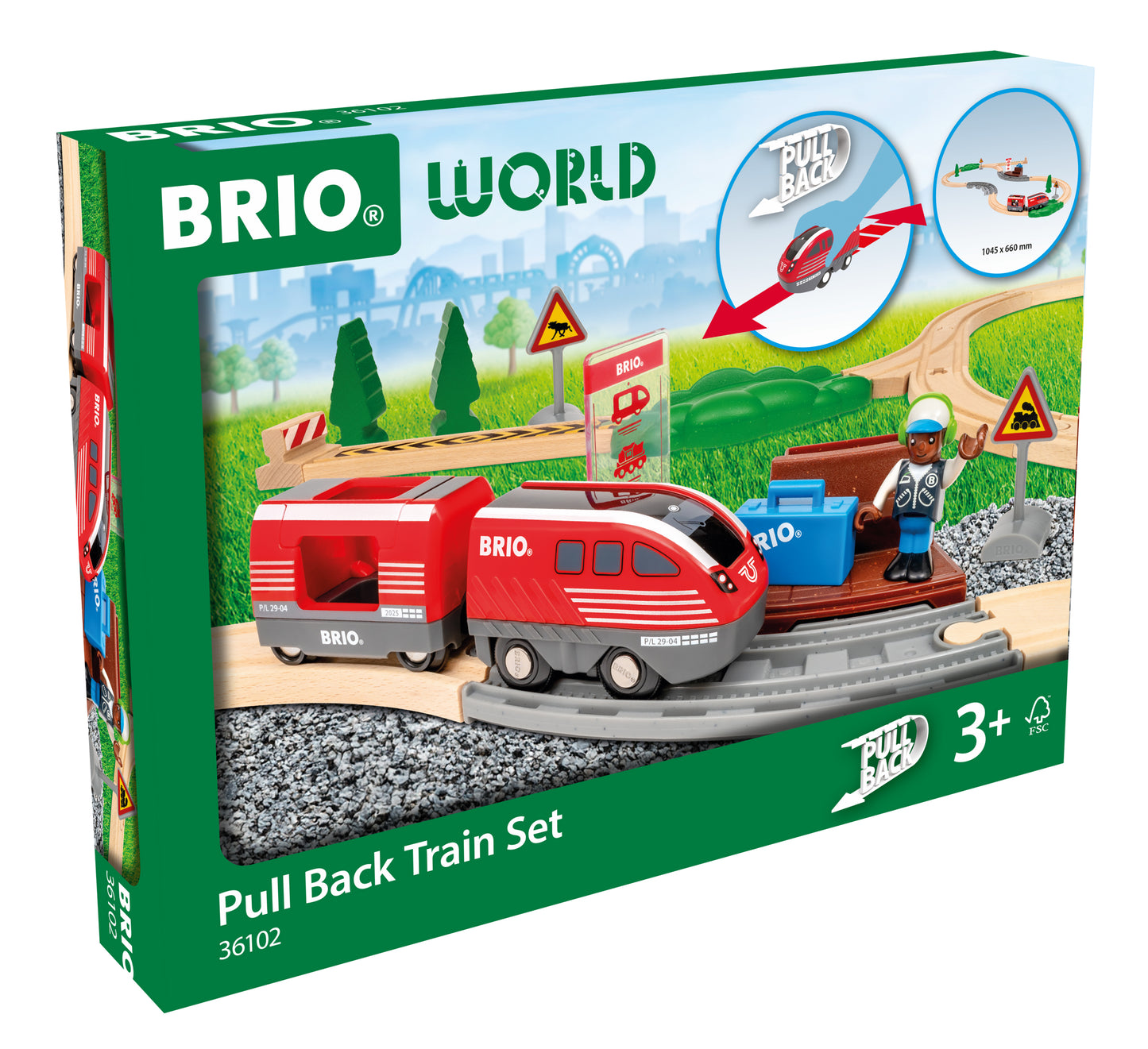 BRIO World Pull Back Train Set 28-piece wooden railway with battery-free pull back locomotive, passenger wagon and station platform