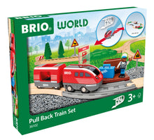 BRIO World Pull Back Train Set 28-piece wooden railway with battery-free pull back locomotive, passenger wagon and station platform