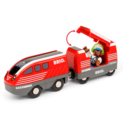 BRIO World Pull Back Train Set 28-piece wooden railway with battery-free pull back locomotive, passenger wagon and station platform