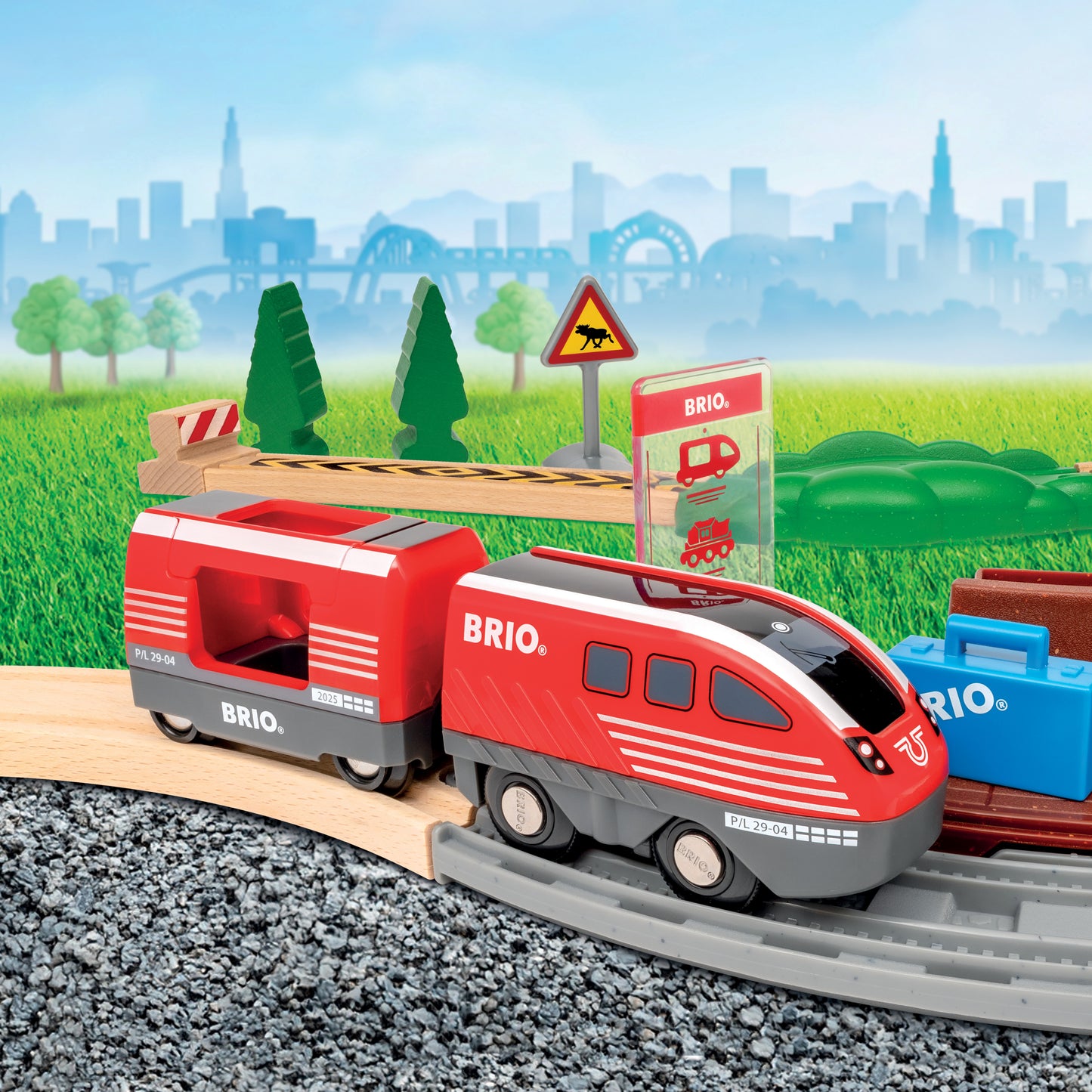 BRIO World Pull Back Train Set 28-piece wooden railway with battery-free pull back locomotive, passenger wagon and station platform