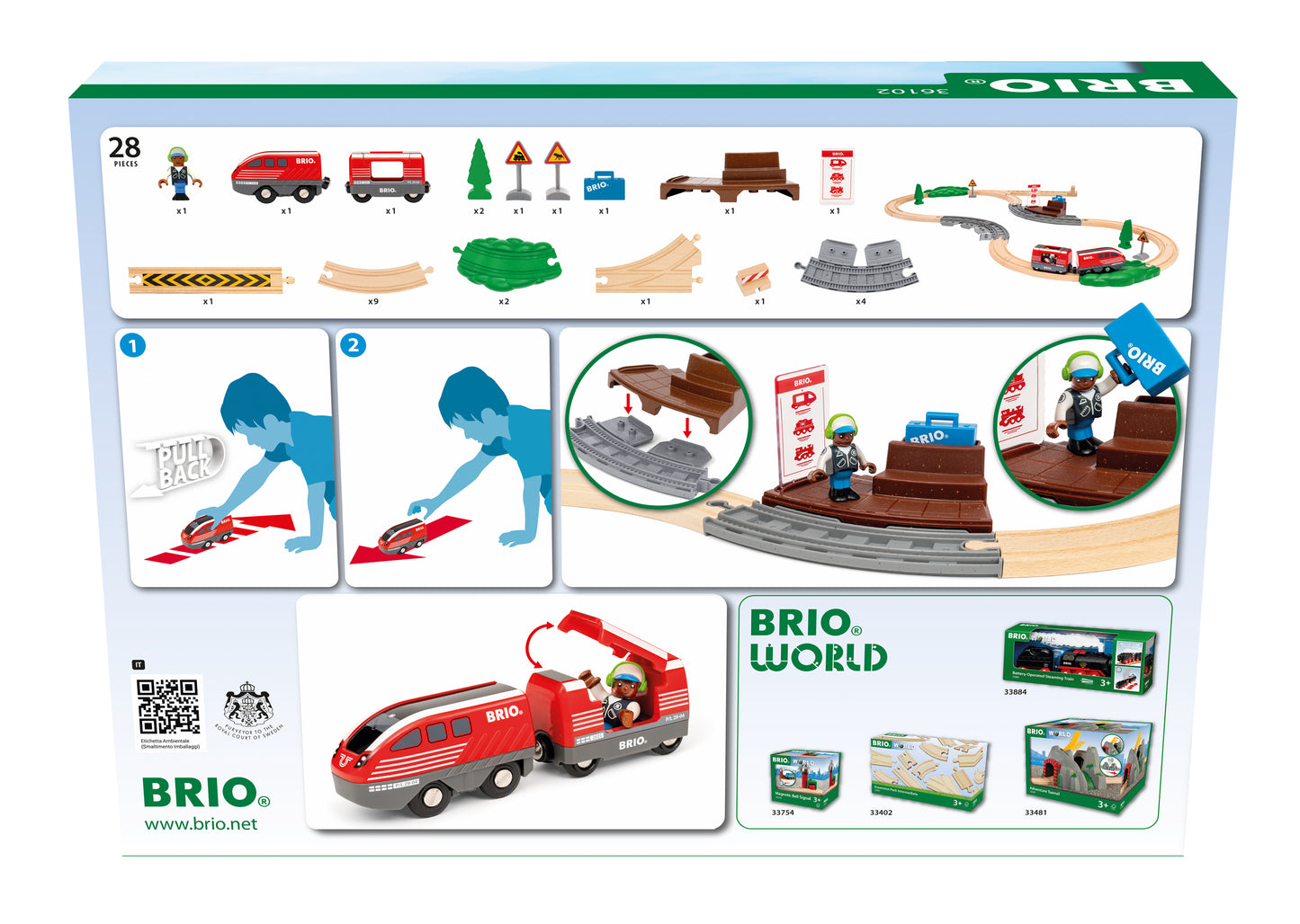 BRIO World Pull Back Train Set 28-piece wooden railway with battery-free pull back locomotive, passenger wagon and station platform