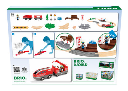 BRIO World Pull Back Train Set 28-piece wooden railway with battery-free pull back locomotive, passenger wagon and station platform