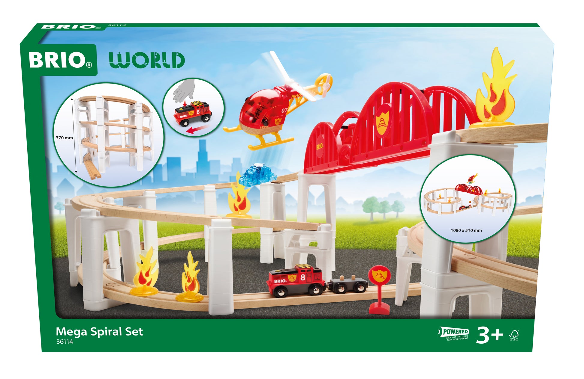 BRIO World Mega Spiral Set 73-piece wooden railway with battery-powered train, spiral supports, bridge, helicopter and cargo accessories