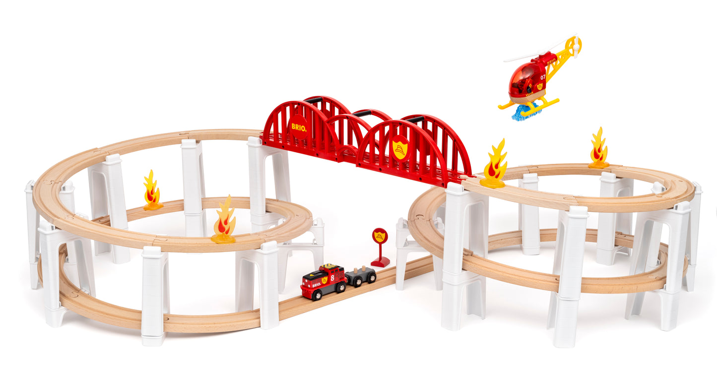 BRIO World Mega Spiral Set 73-piece wooden railway with battery-powered train, spiral supports, bridge, helicopter and cargo accessories