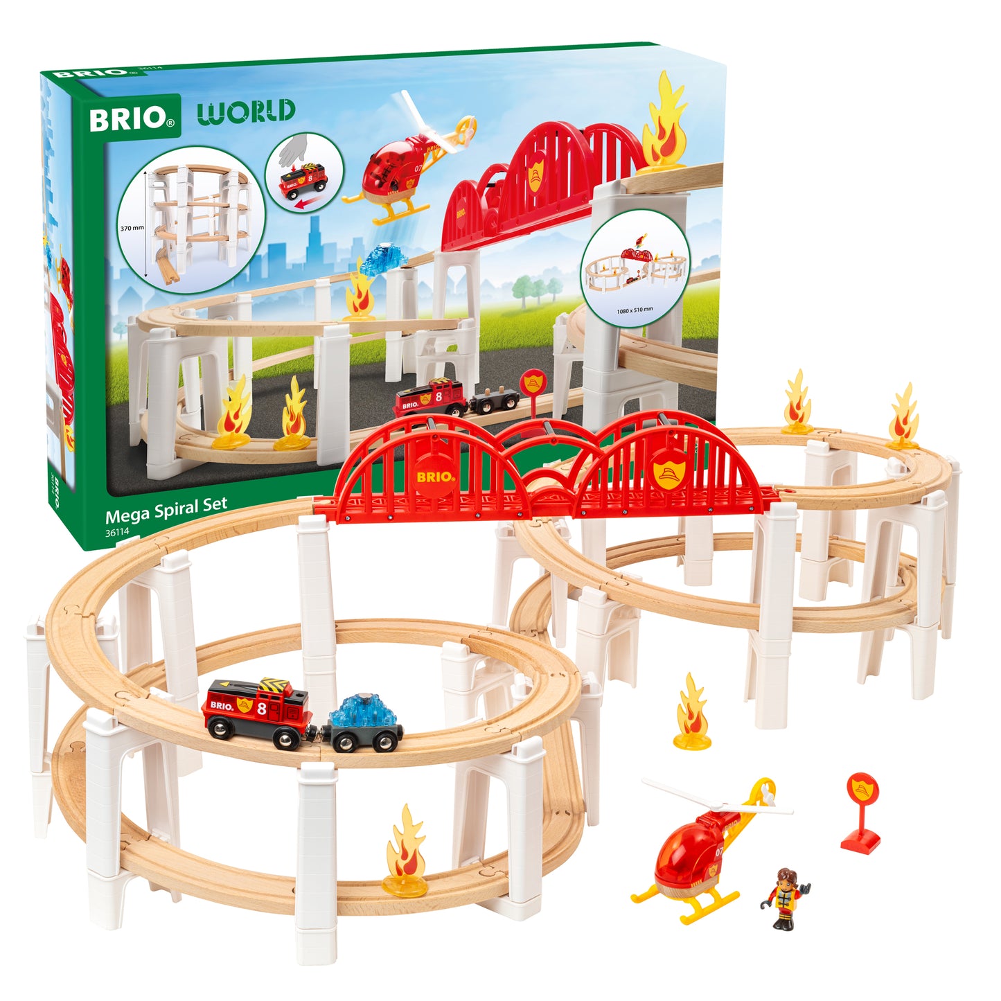 BRIO World Mega Spiral Set 73-piece wooden railway with battery-powered train, spiral supports, bridge, helicopter and cargo accessories