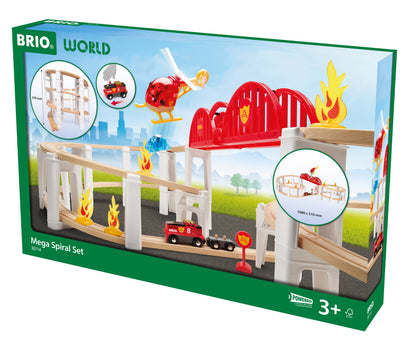 BRIO World Mega Spiral Set 73-piece wooden railway with battery-powered train, spiral supports, bridge, helicopter and cargo accessories