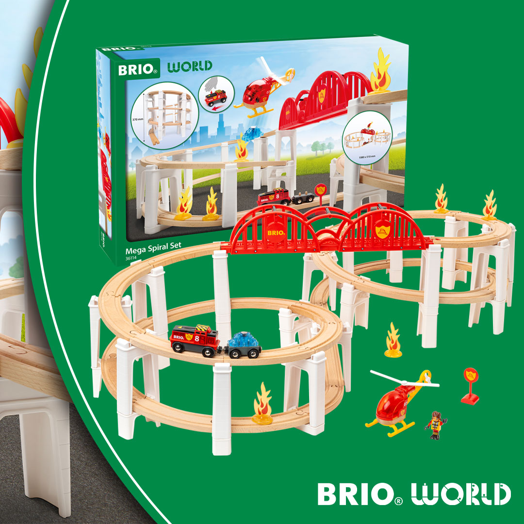 BRIO World Mega Spiral Set 73-piece wooden railway with battery-powered train, spiral supports, bridge, helicopter and cargo accessories