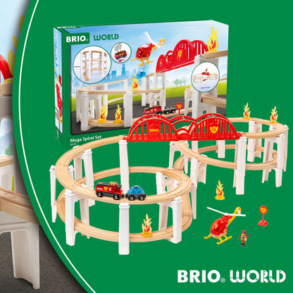 BRIO World Mega Spiral Set 73-piece wooden railway with battery-powered train, spiral supports, bridge, helicopter and cargo accessories